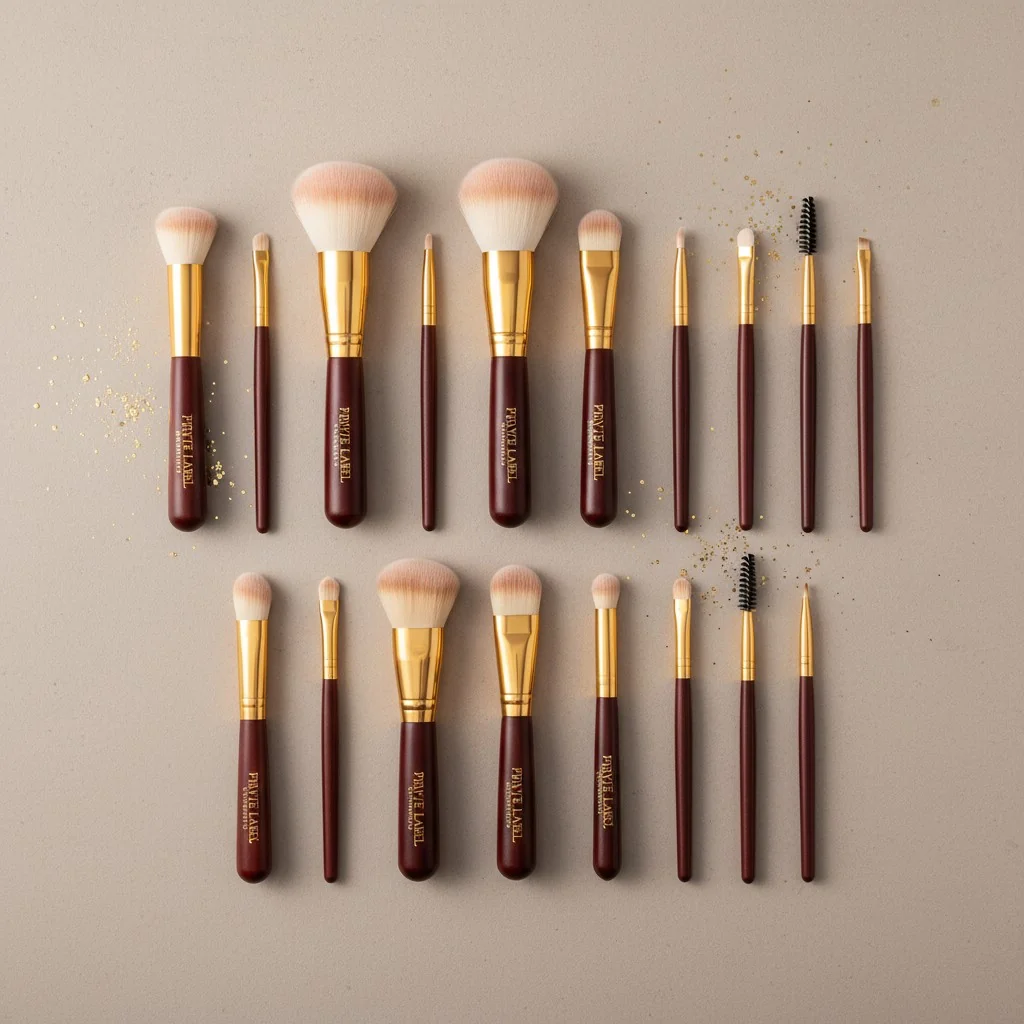 A collection of high-quality private label makeup brushes arranged neatly on a neutral background.