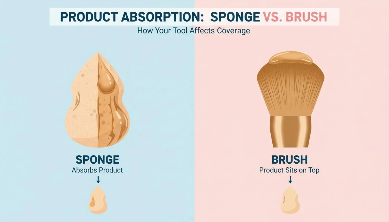 An infographic showing a sponge absorbing a drop of foundation vs. a brush with the foundation sitting on top of the bristles.