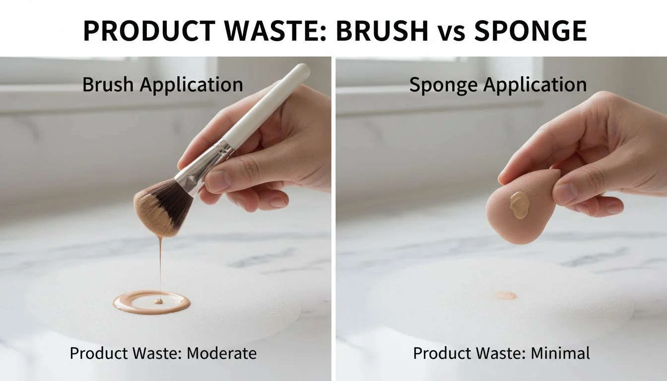 A side-by-side comparison showing product applied with a brush versus a sponge