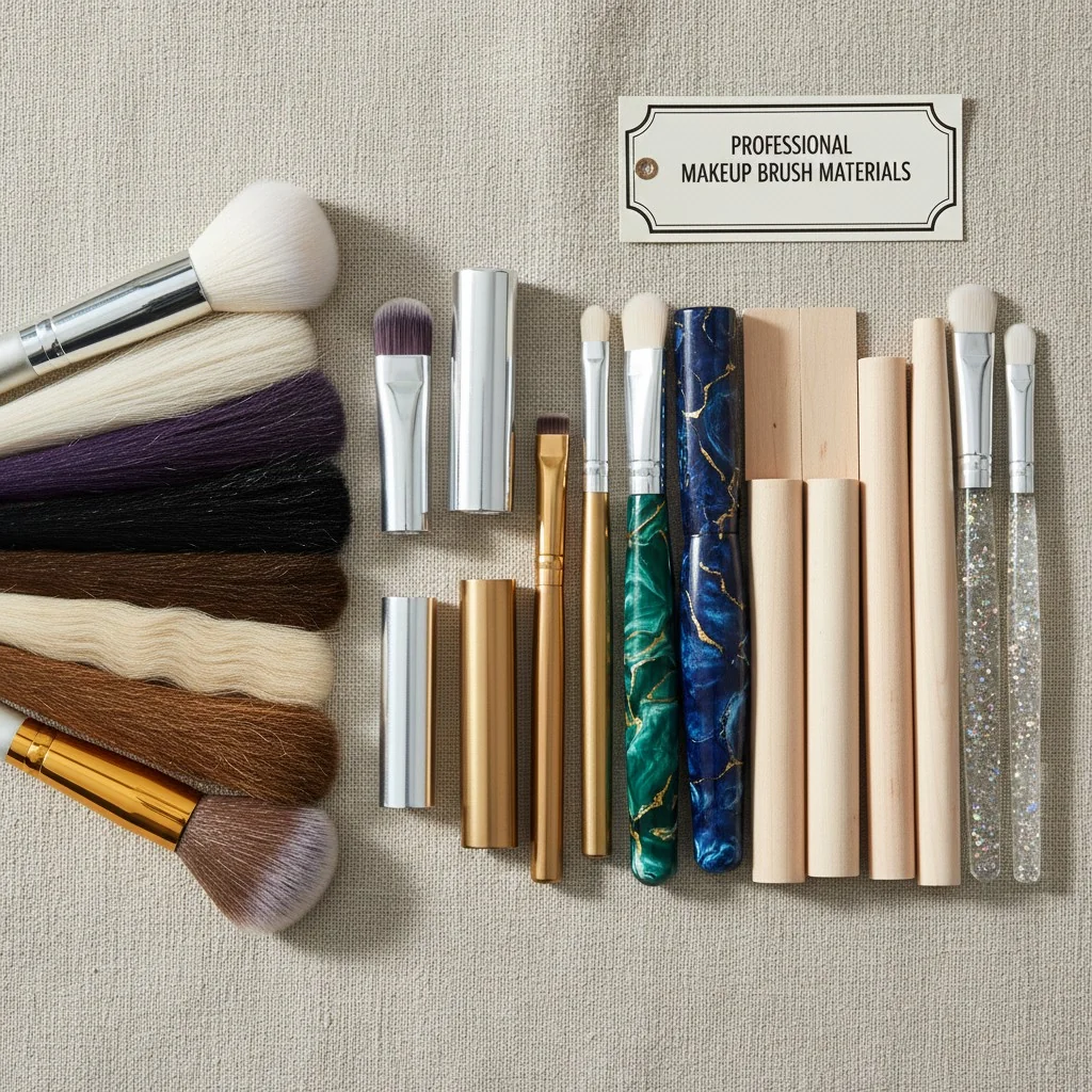 A flat lay showing different brush materials: synthetic fibers, natural hair, aluminum and brass ferrules, and wood and resin handles