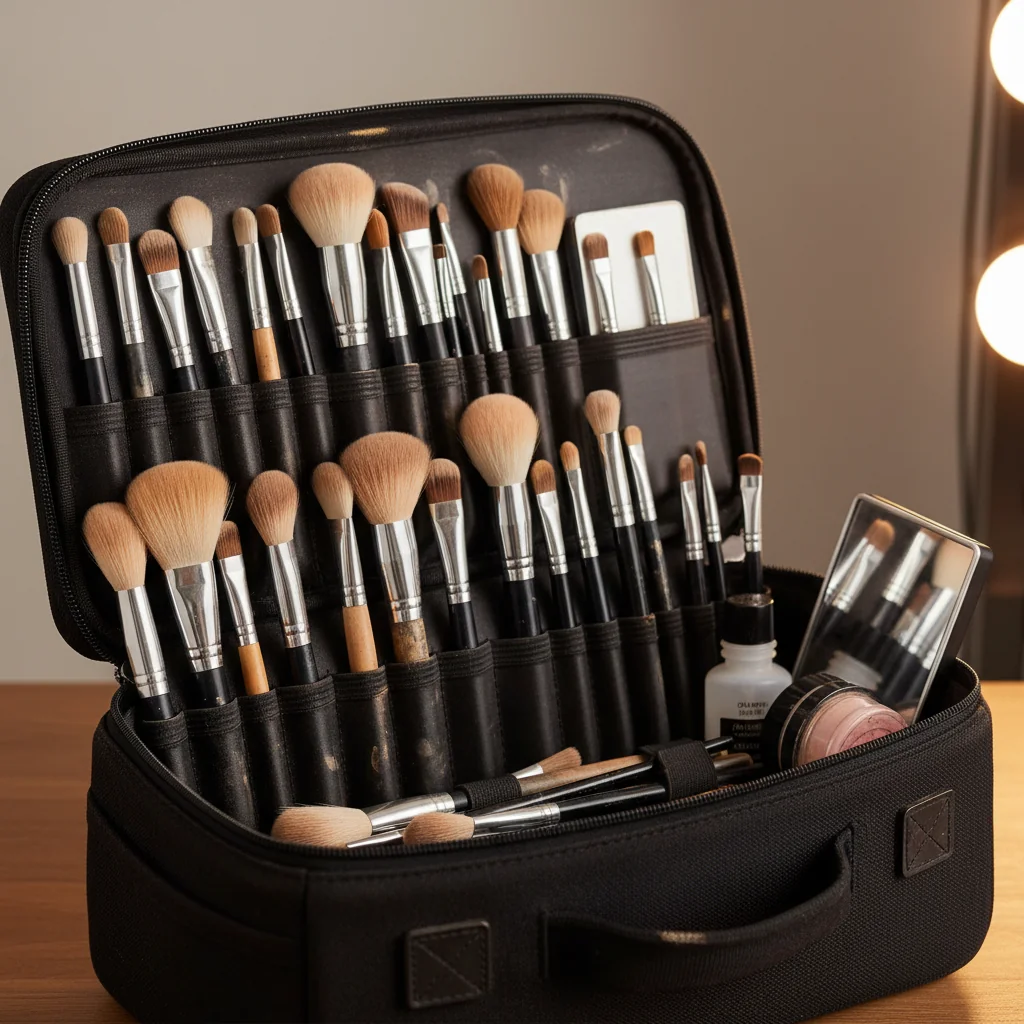 A makeup artist's kit filled with well-used but intact professional brushes, showcasing their durability.