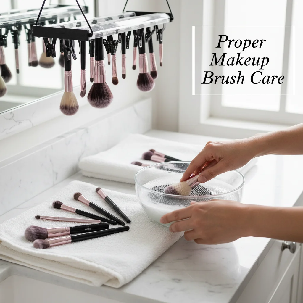 An image showing makeup brushes being cleaned and laid flat or hung upside down to dry properly.