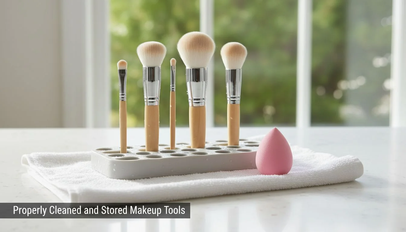 Properly Cleaned and Stored Makeup Tools A clean set of makeup brushes and a sponge drying on a clean towel in a well-lit area