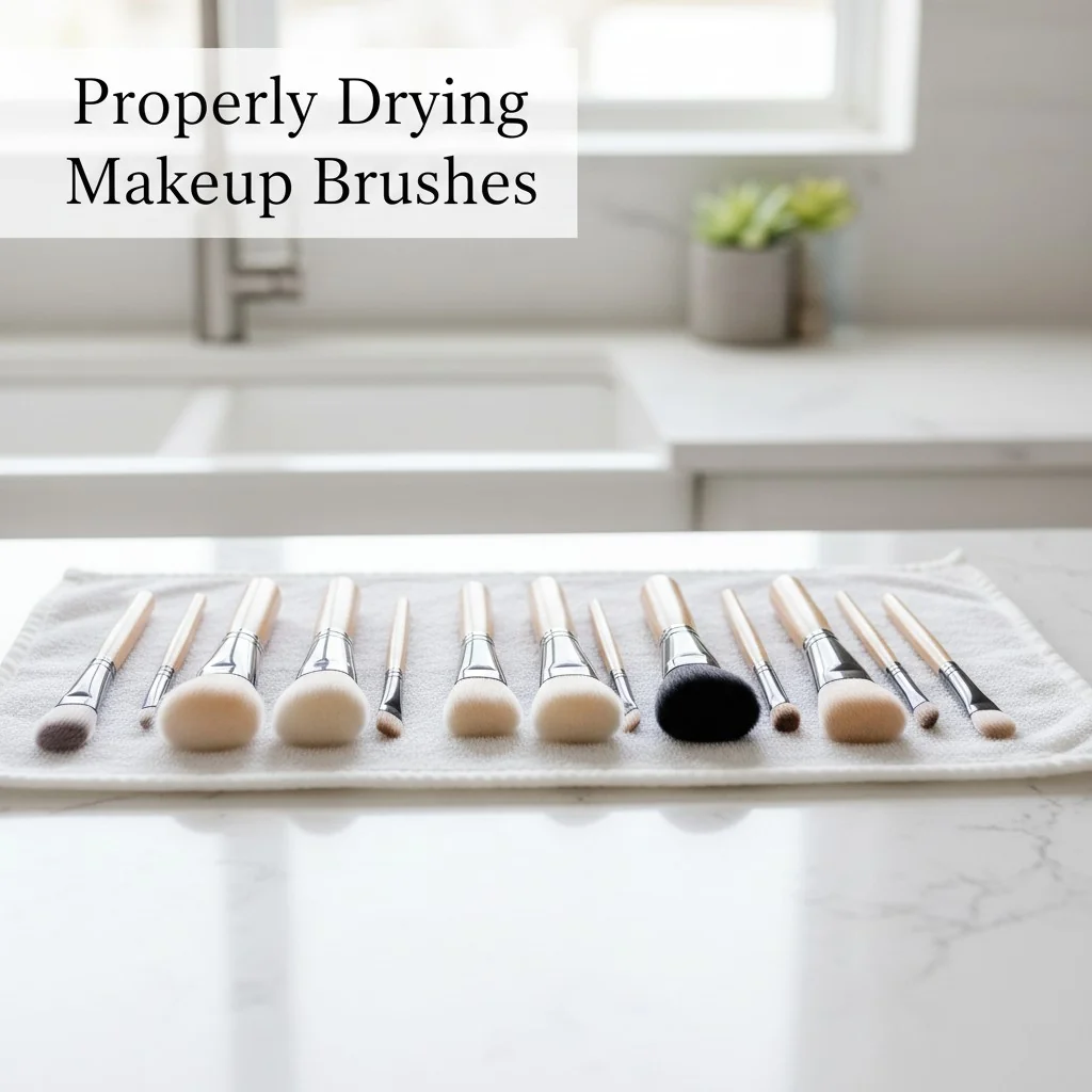 Makeup brushes laid flat to dry on the edge of a counter