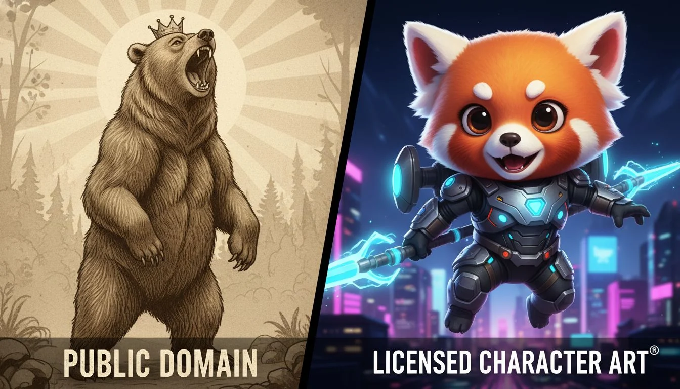 Public Domain vs Licensed Character Art A split image showing a vintage, public-domain style illustration of a bear on one side, and a modern, stylized character on the other.