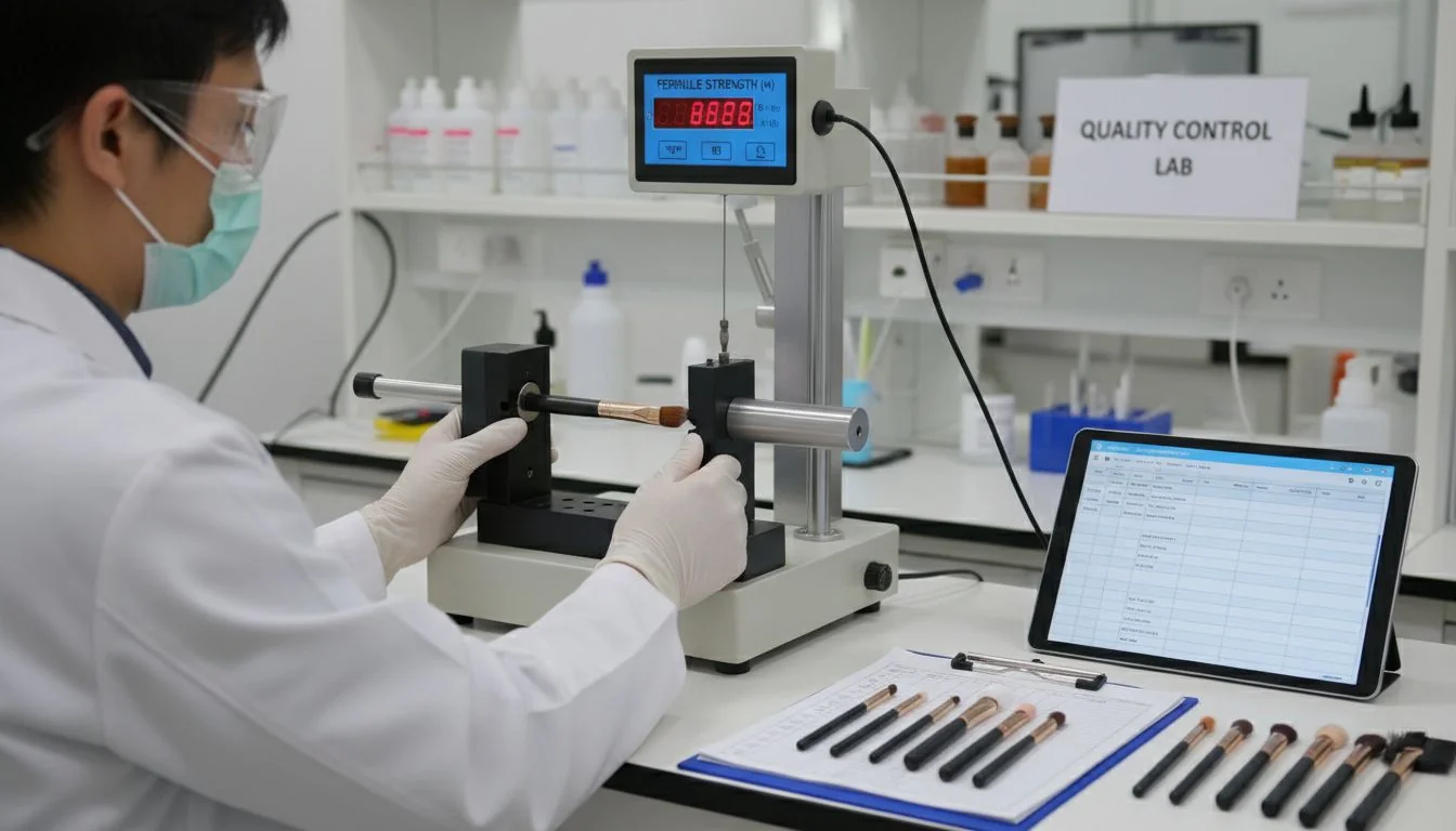 A lab technician performing a pull test on a concealer brush to measure ferrule strength.