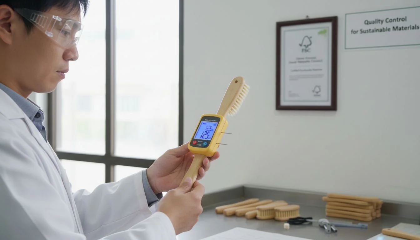 A quality control inspector examining a bamboo brush handle with a moisture meter, with an FSC certificate in the background.