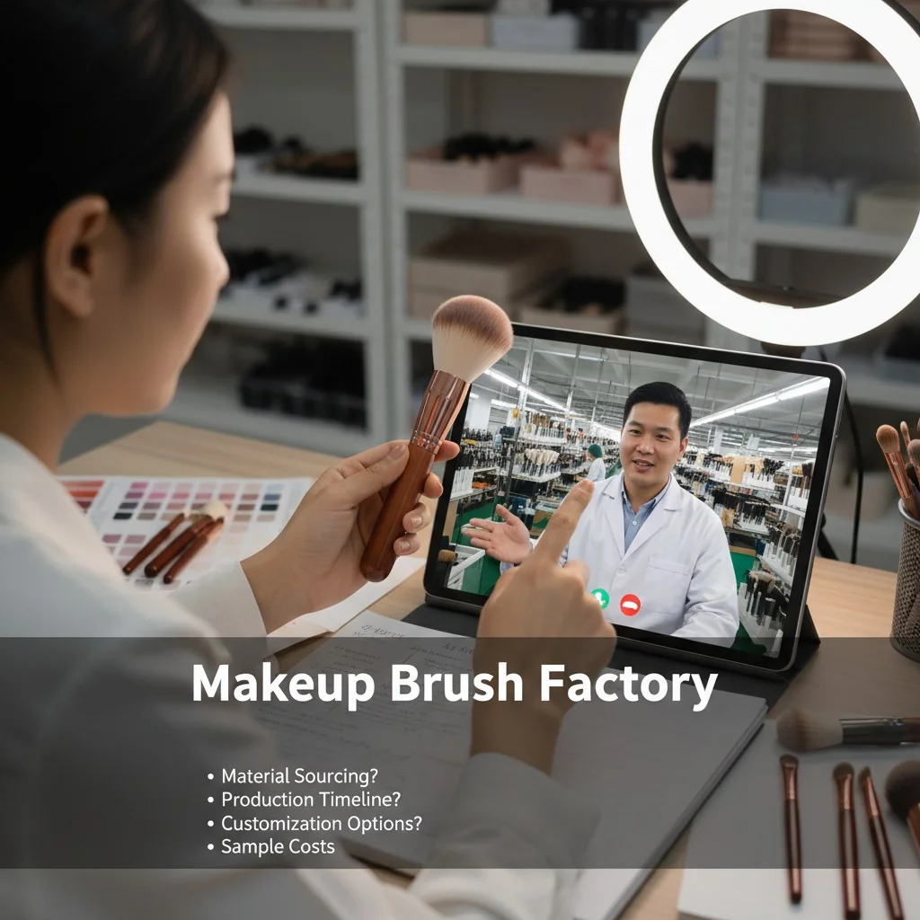 A person on a video call with a makeup brush manufacturer, pointing at a brush sample.