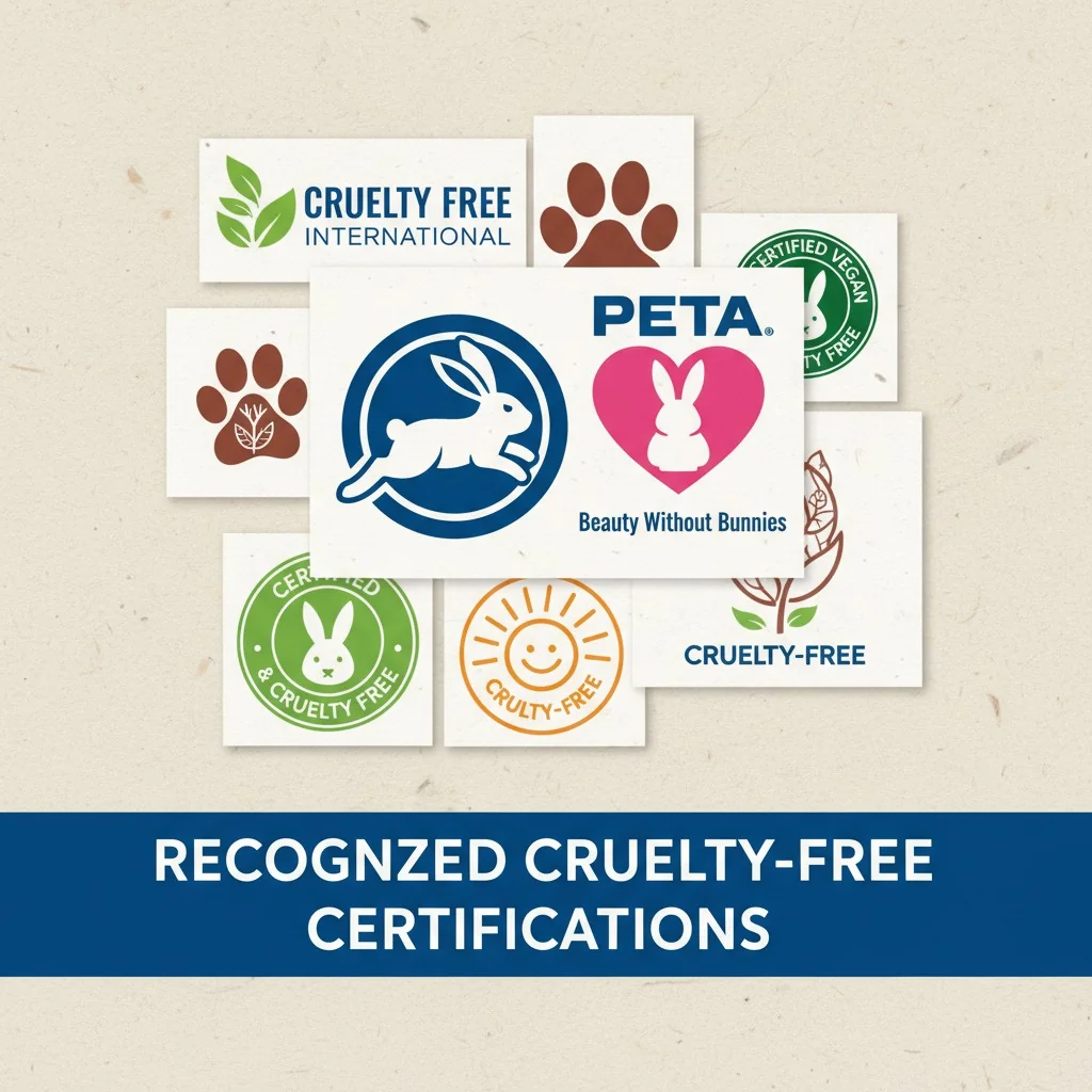 A collage of different cruelty-free logos, including Leaping Bunny and PETA's Beauty Without Bunnies.