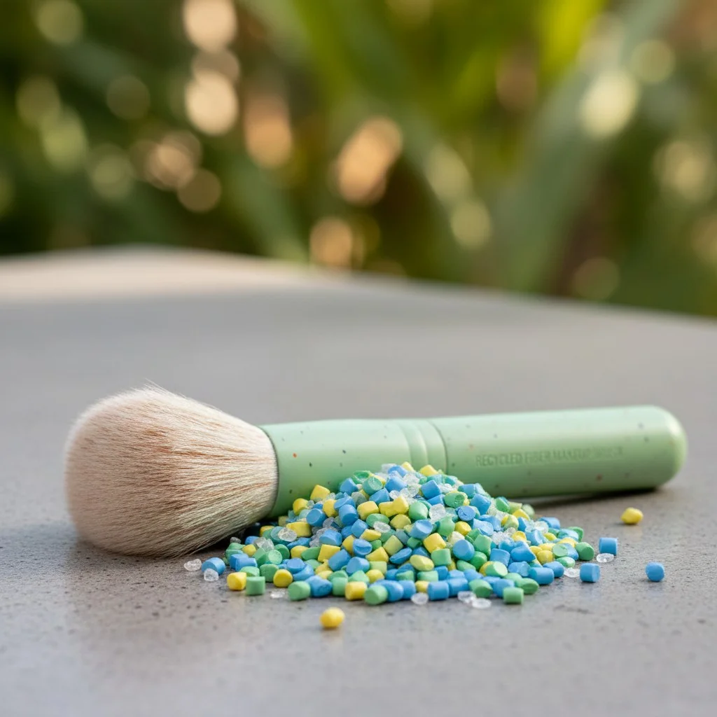 A makeup brush with bristles made from recycled fibers, next to a pile of recycled plastic pellets