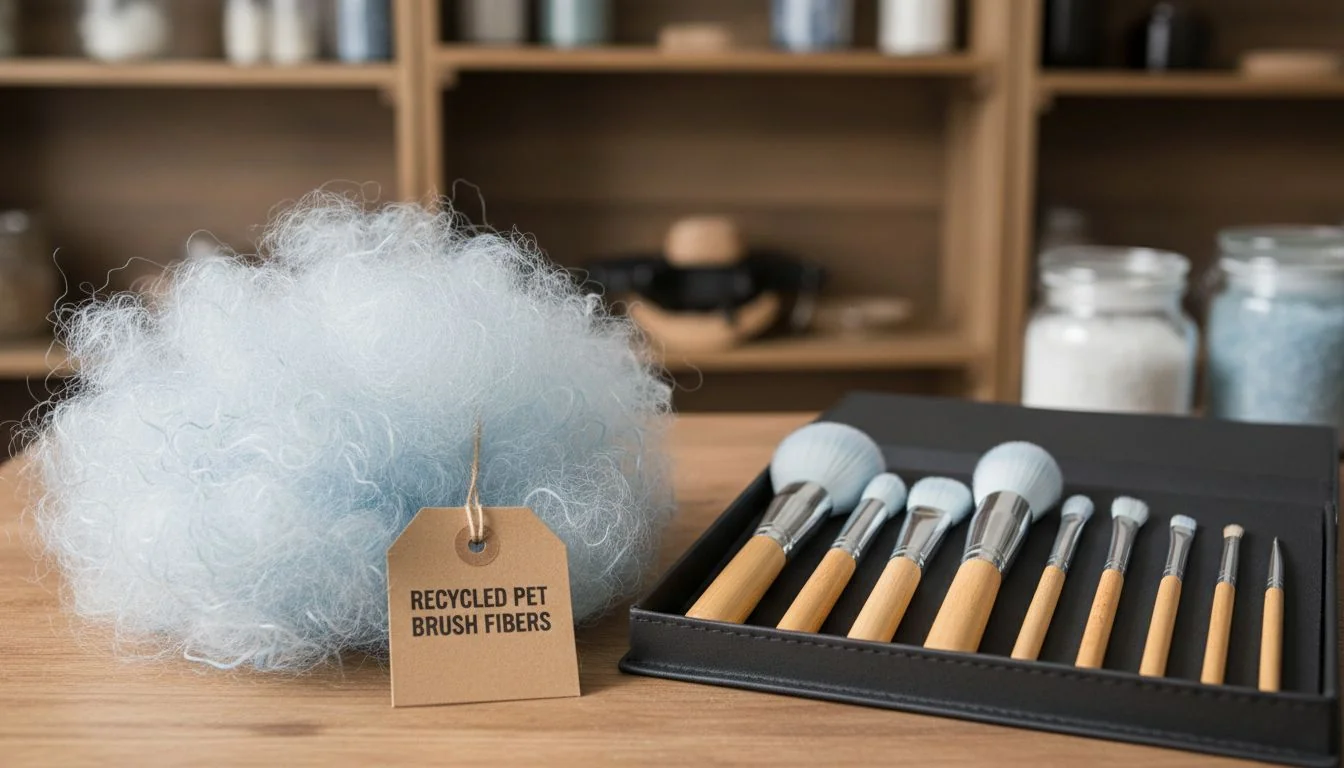 A bundle of recycled PET fibers next to a finished makeup brush set