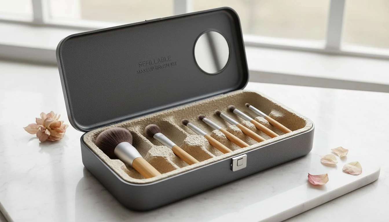 A refillable makeup brush kit with a durable outer case and a removable molded fiber tray holding the brushes.