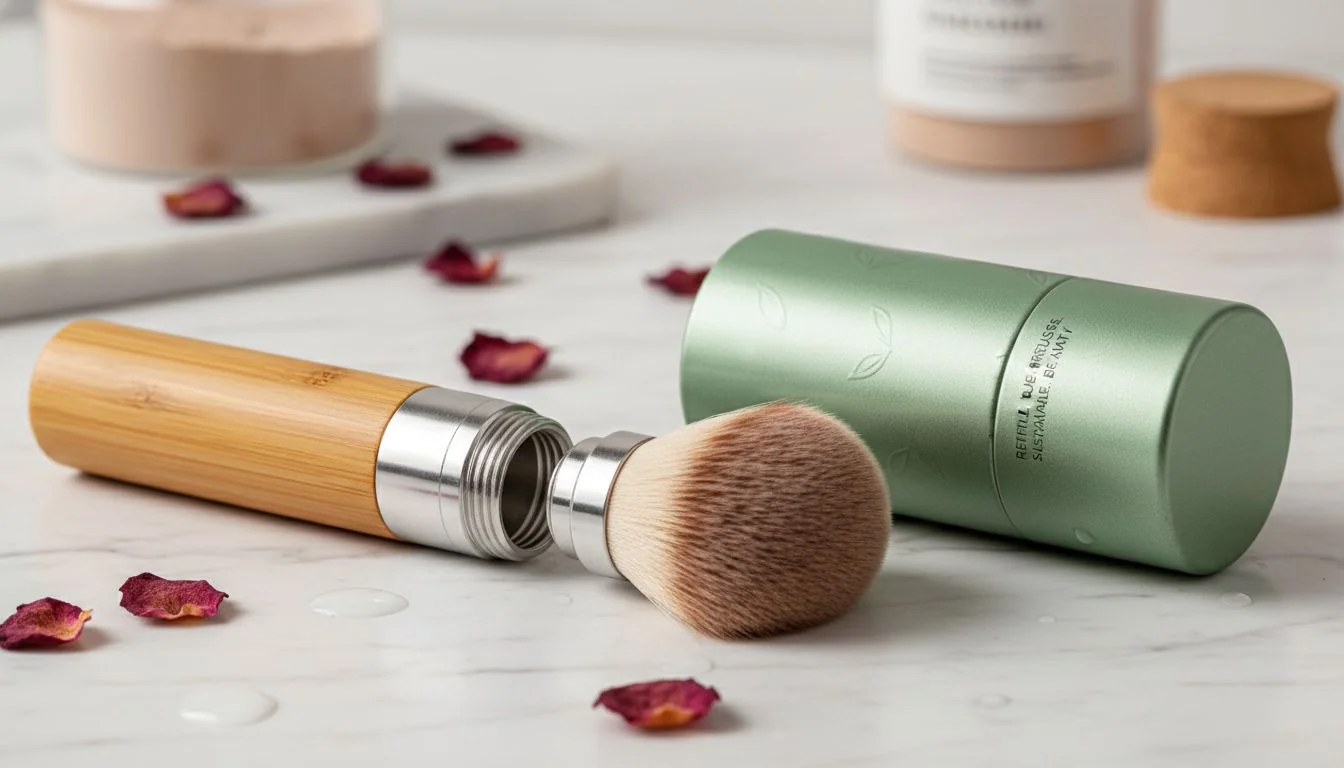 A makeup brush with a detachable head, showing the threaded coupler mechanism, next to its reusable travel case.