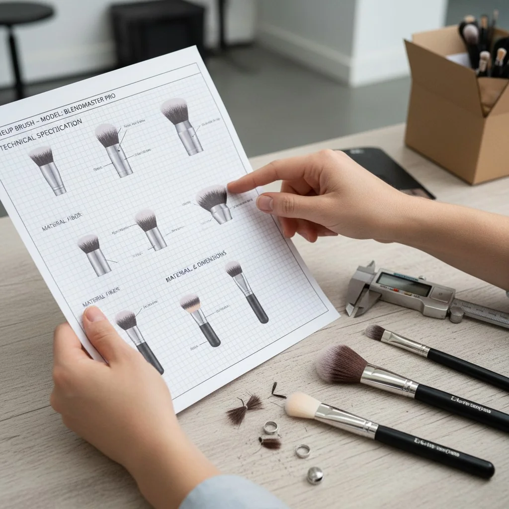 A person's hands reviewing a technical specification sheet for a makeup brush, with calipers and brush samples on the table.