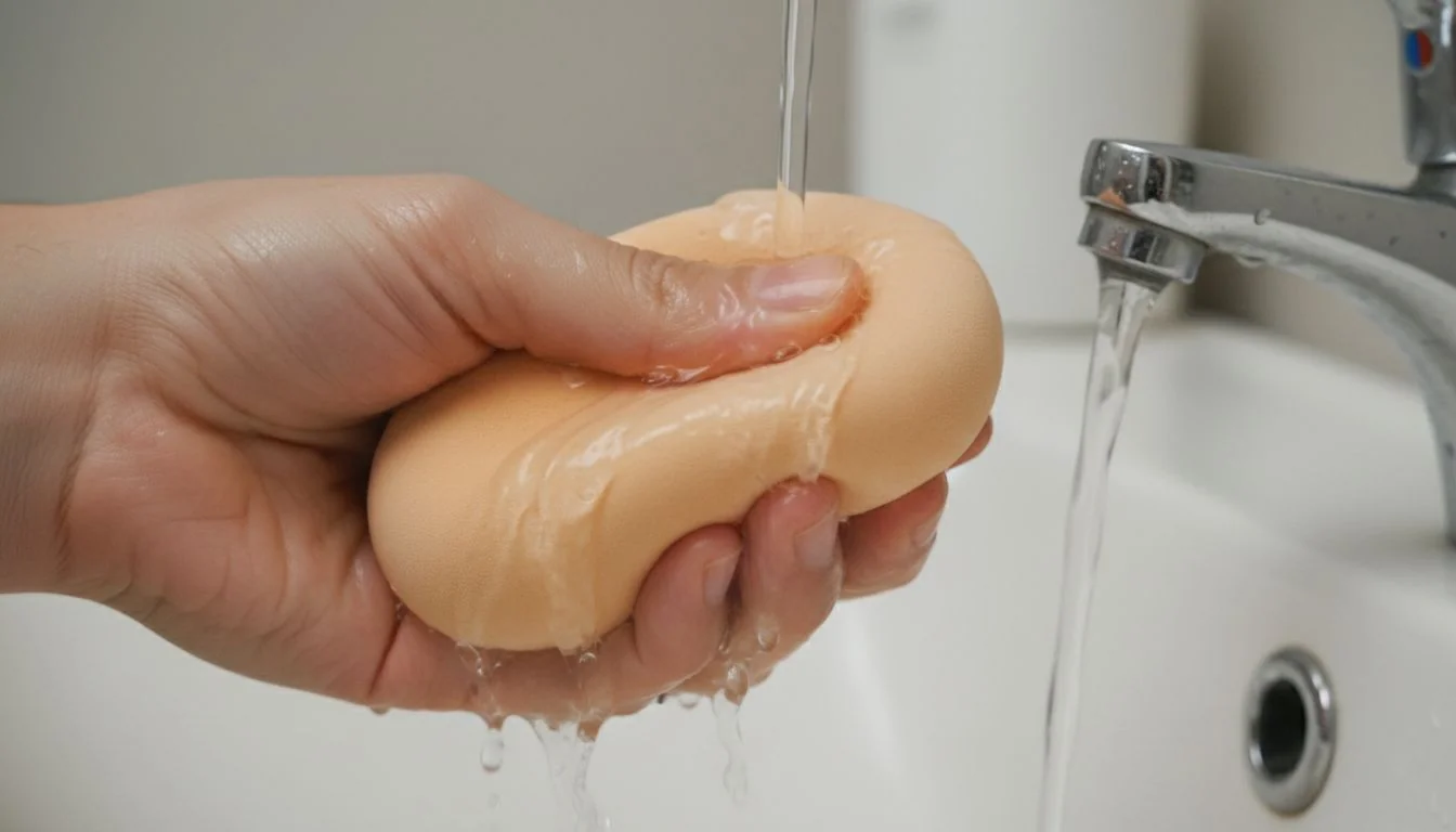 Close-up shot of water running clear from a makeup sponge being squeezed.