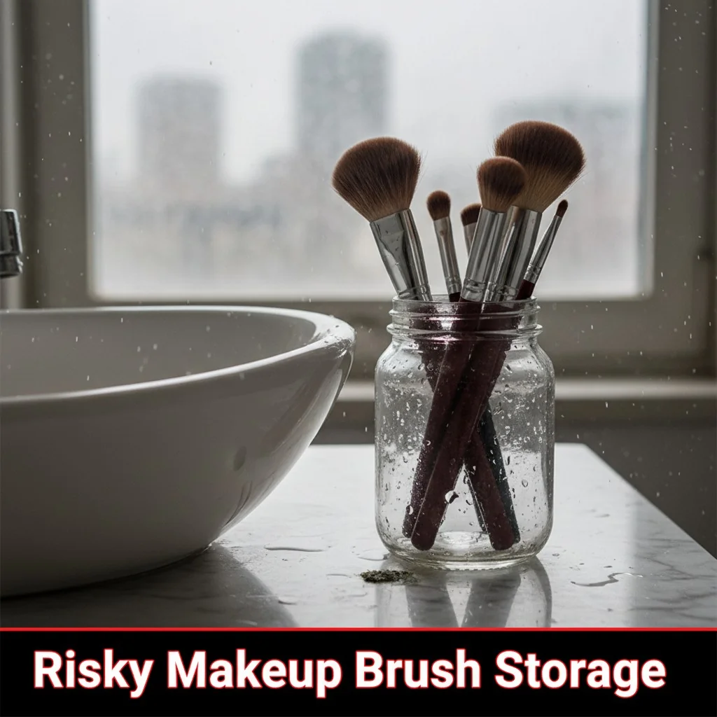 Makeup brushes stored upright in a damp bathroom next to a sink