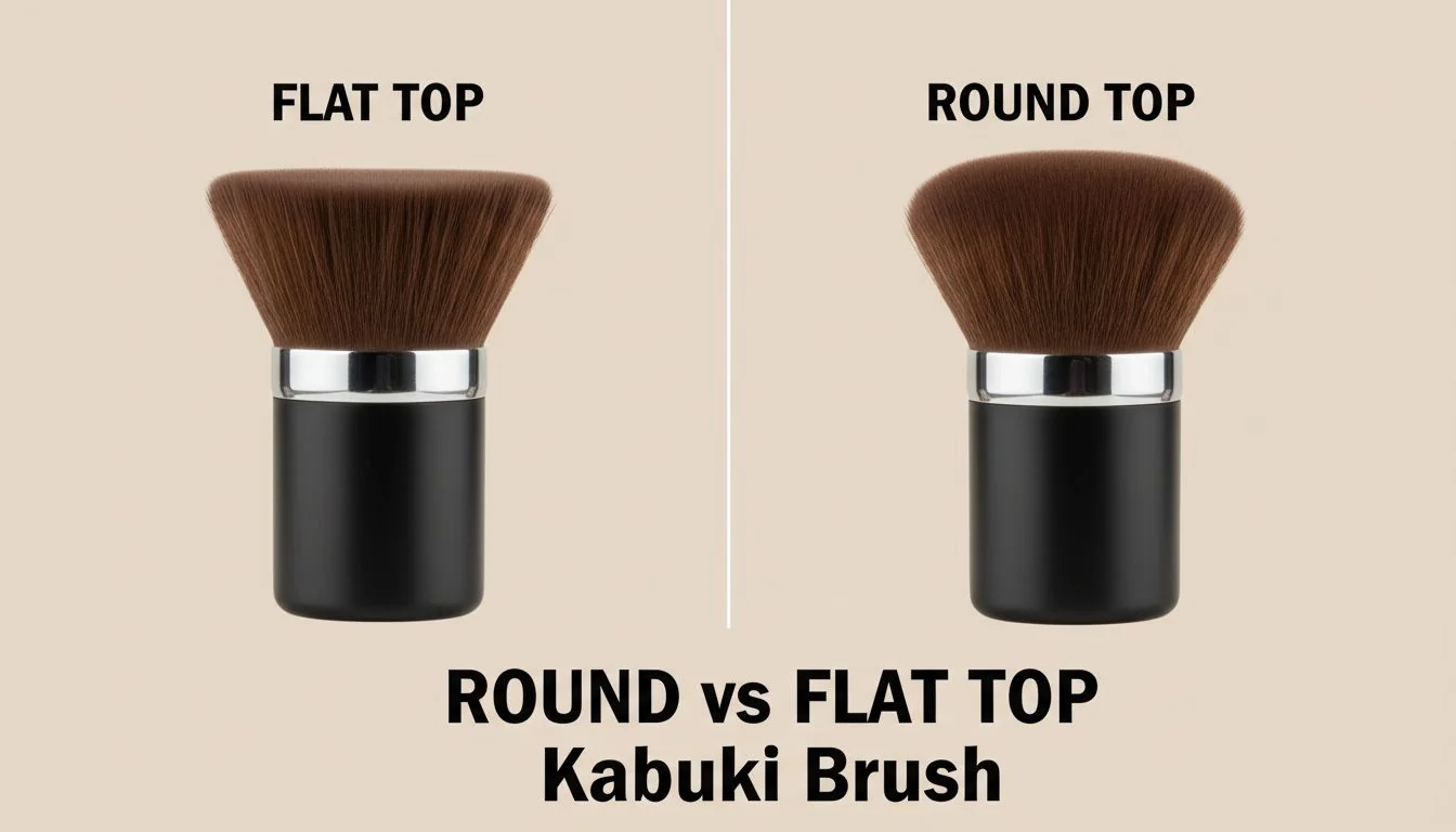 Round vs Flat Top Kabuki Brush Comparison of a flat top and a round top kabuki brush side-by-side