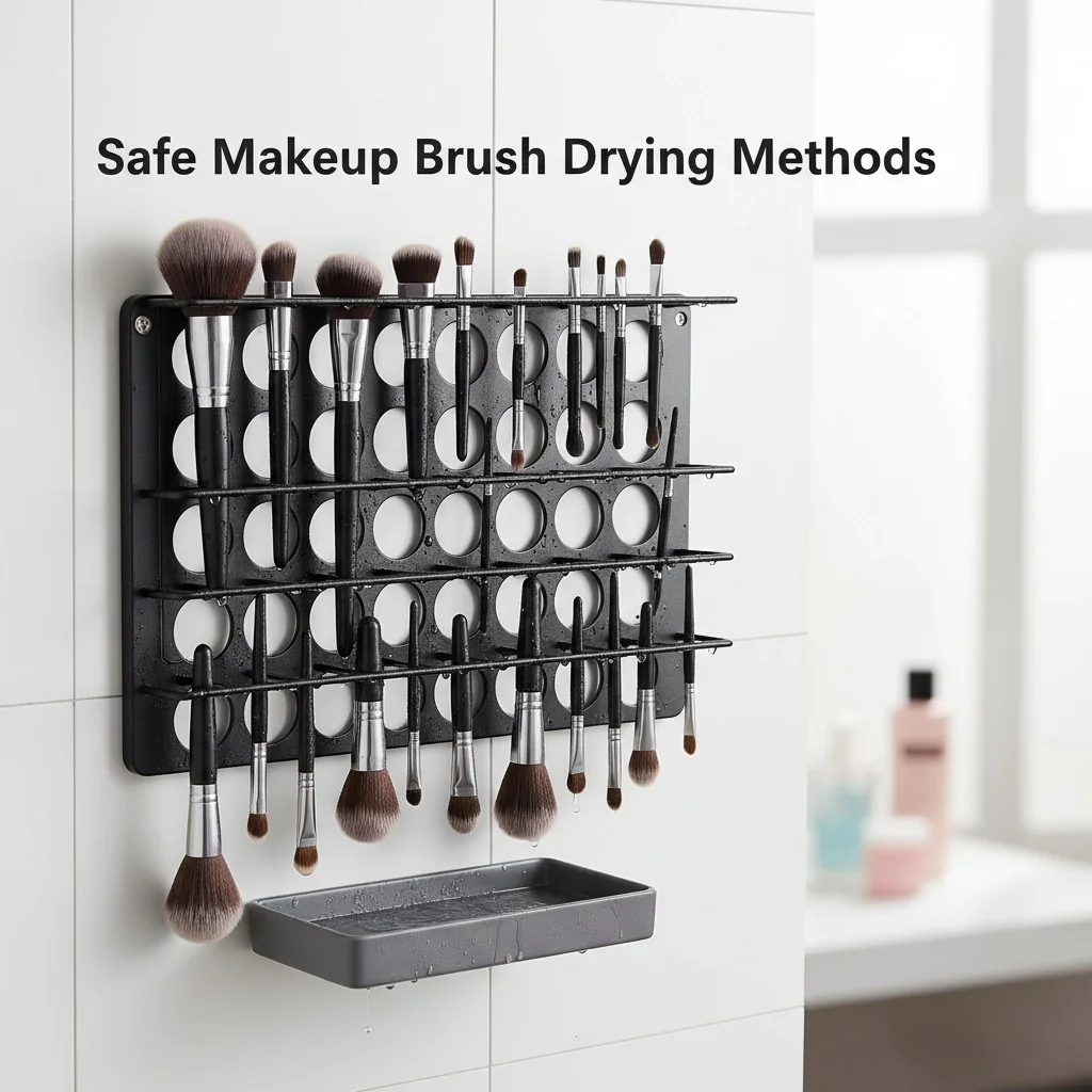 Makeup brushes hanging upside down in a dedicated black drying rack.
