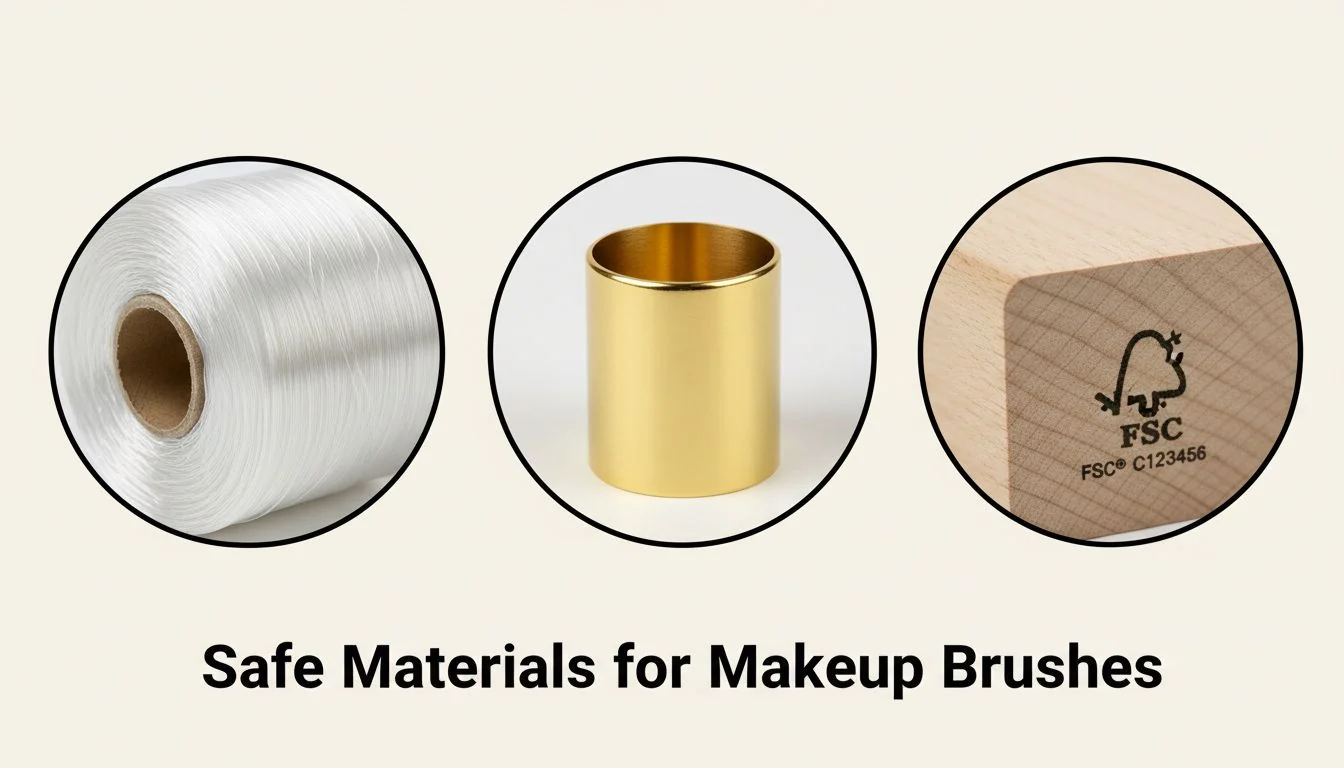 A collage showing different safe materials: a spool of synthetic fiber, a shiny brass ferrule, and a block of FSC-certified wood.