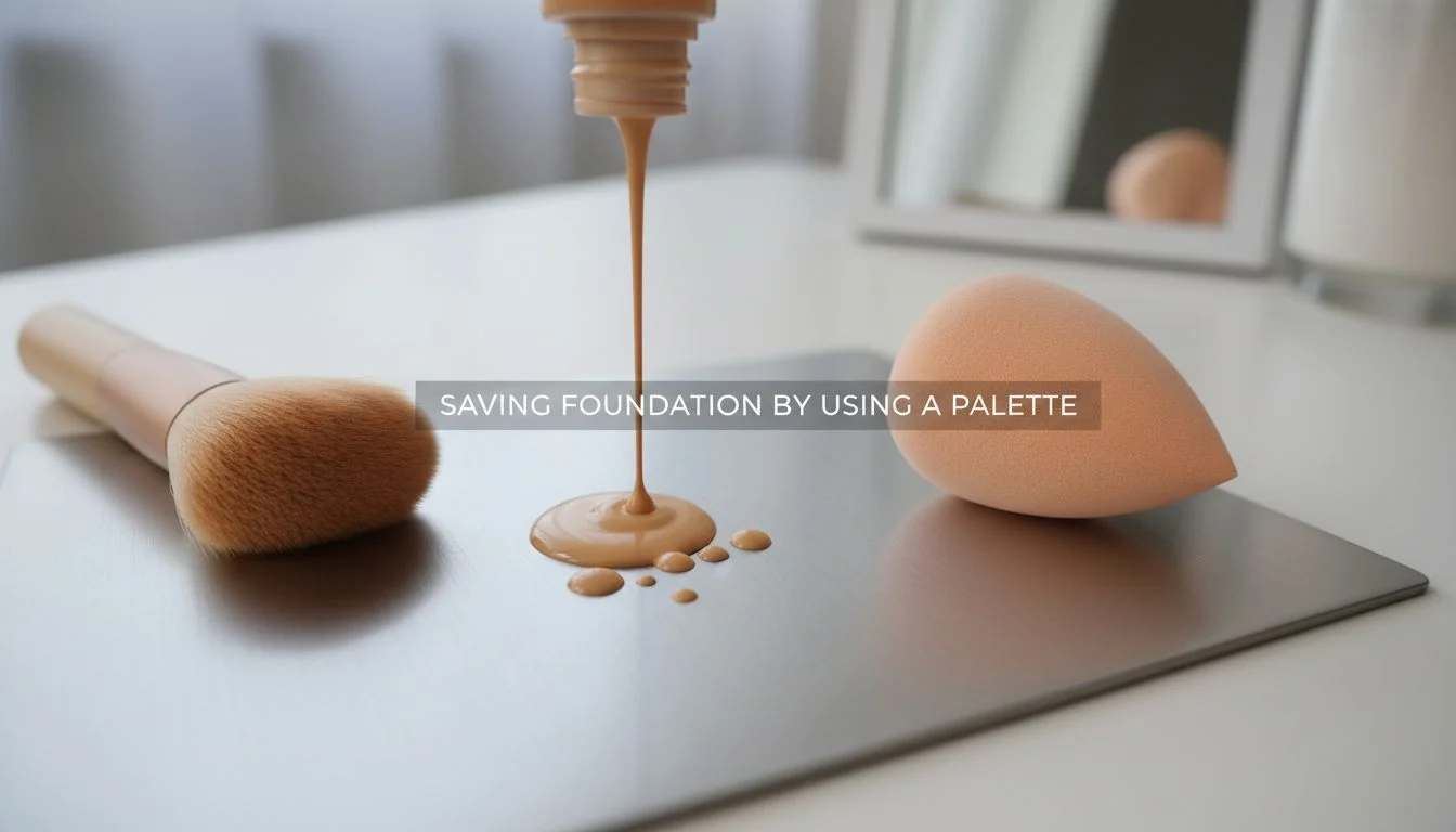 Saving Foundation by Using a Palette Foundation being dispensed onto a metal palette next to a brush and sponge