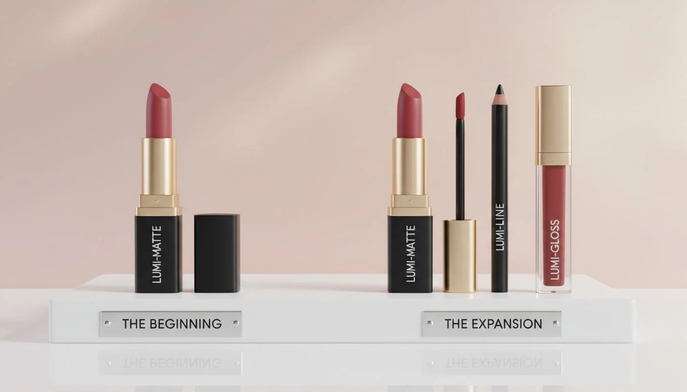 A product line expanding from one lipstick to a lipstick, lip liner, and lip gloss