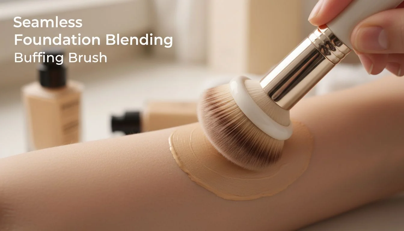 A buffing brush blending liquid foundation on skin for a seamless finish