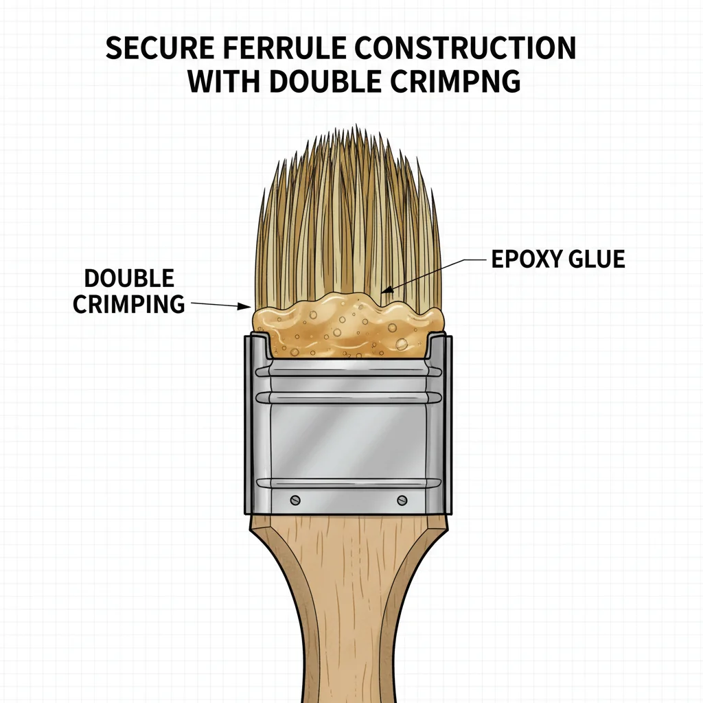 A diagram showing a cross-section of a ferrule with double crimping and epoxy glue securing the bristle knot.