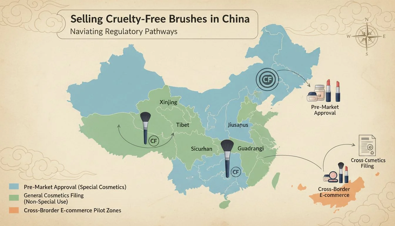 A map of China with icons representing cosmetics and makeup brushes, indicating different regulatory pathways.