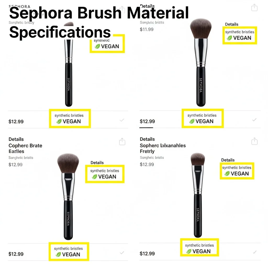 A collage of Sephora brush product pages with the 'Details' section highlighted, showing 'synthetic bristles' and 'vegan' callouts.