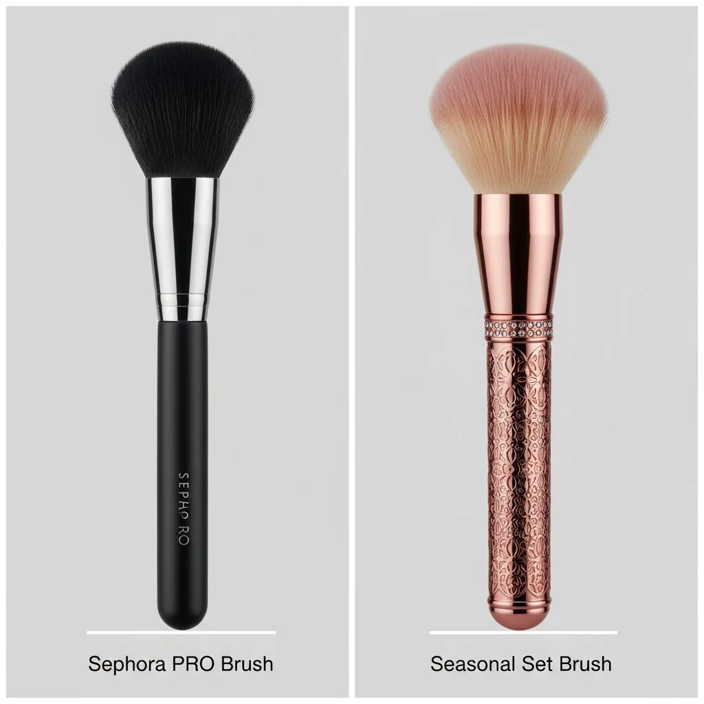 Side-by-side comparison of a sleek black Sephora PRO brush and a more decorative seasonal set brush