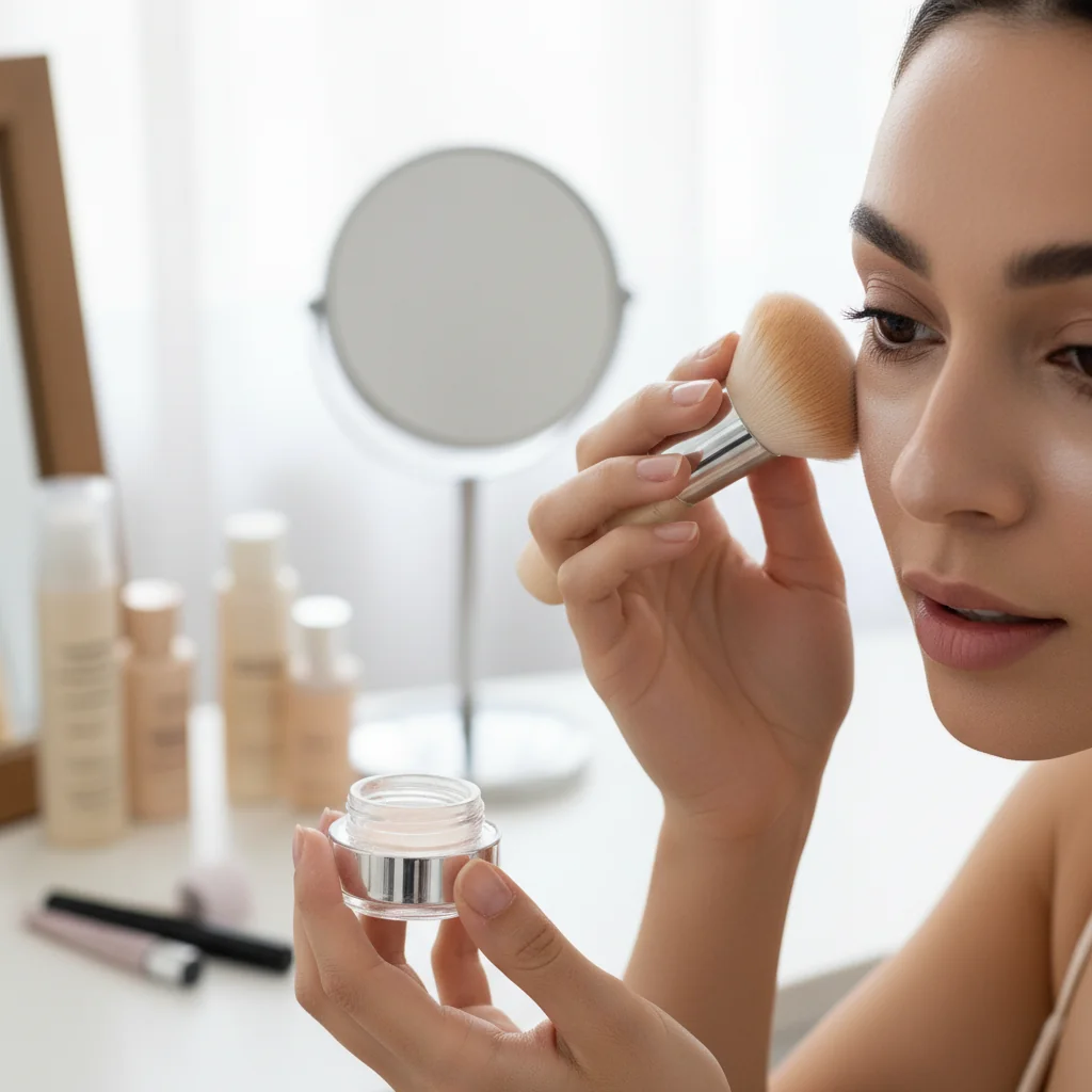 A model demonstrating the press-and-roll technique with a kabuki brush to set under-eye makeup.