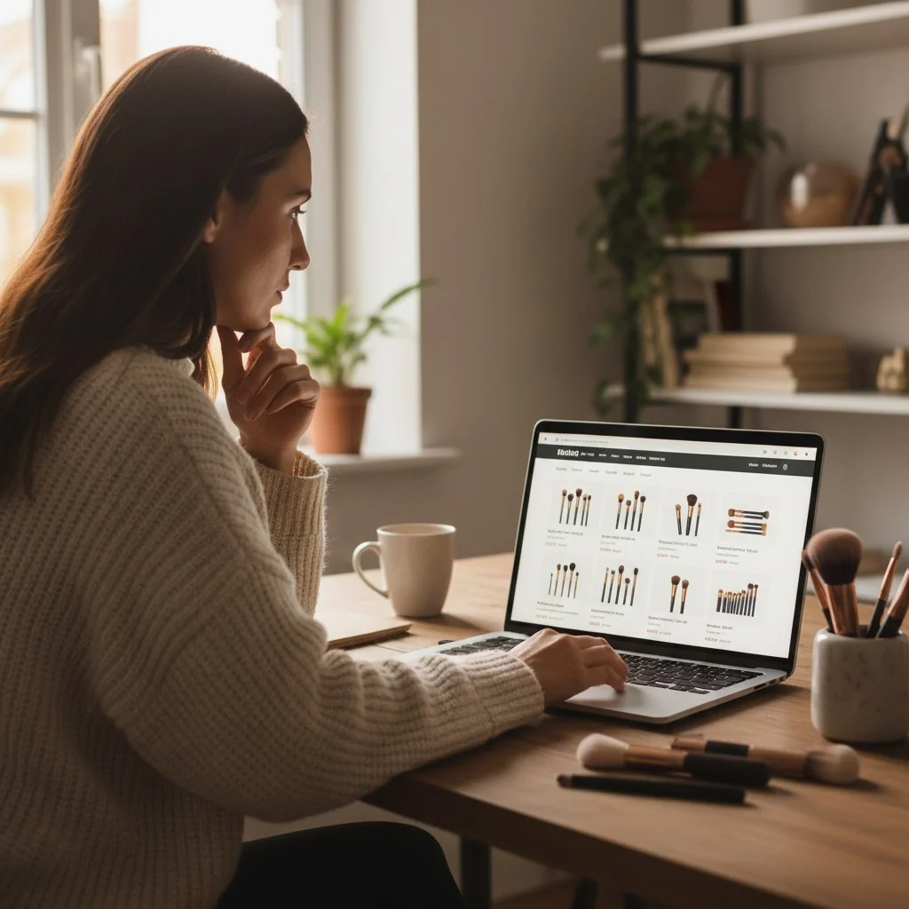 A woman looking at makeup brushes on a laptop screen