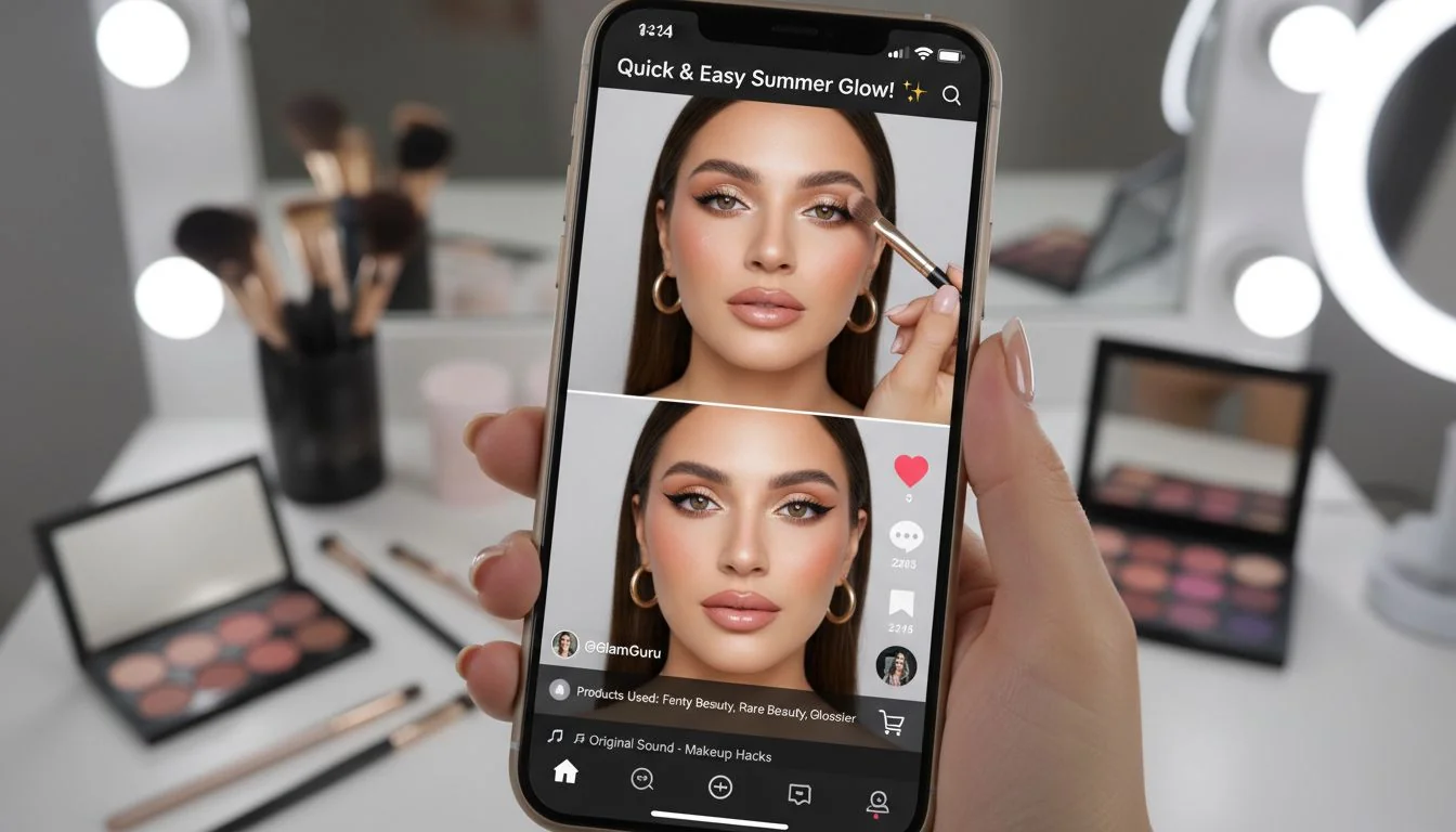 A smartphone screen showing a TikTok makeup tutorial video