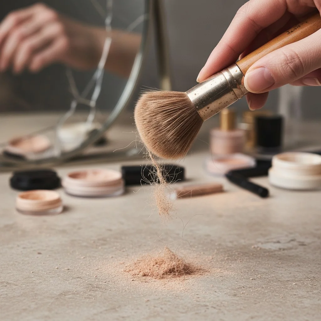 A hand holding a makeup brush with bristles shedding onto a surface.