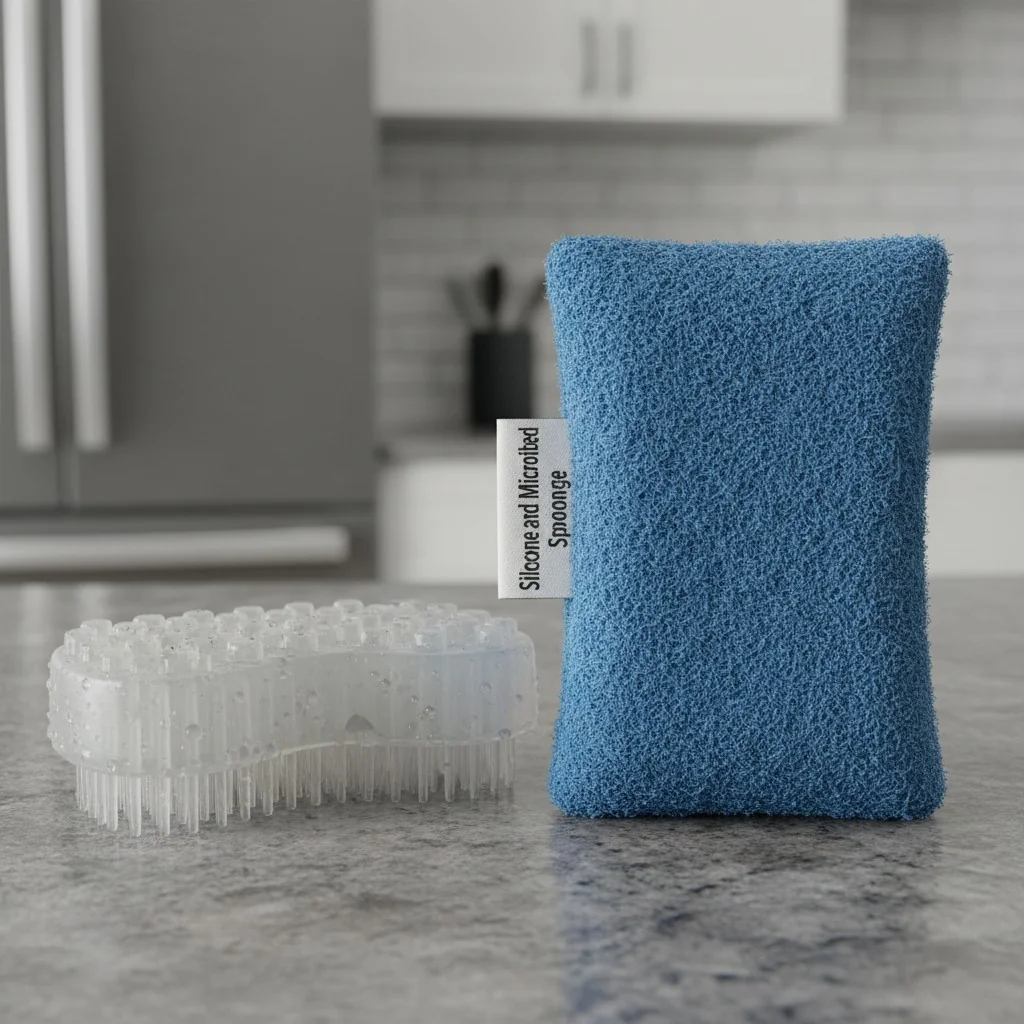 A clear silicone sponge and a fuzzy microfiber sponge side-by-side