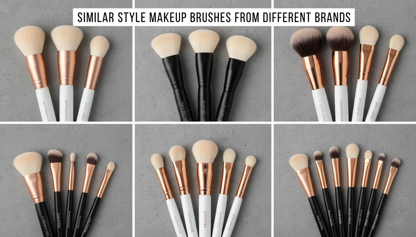 Similar Style Makeup Brushes from Different Brands A collage of different makeup brushes from various brands that share similar shapes and styles.