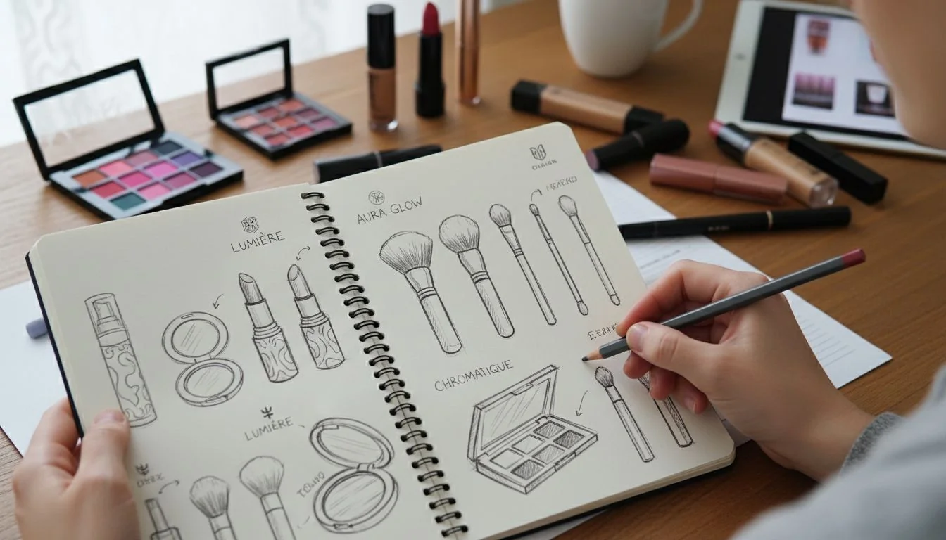 A person sketching makeup product ideas in a notebook