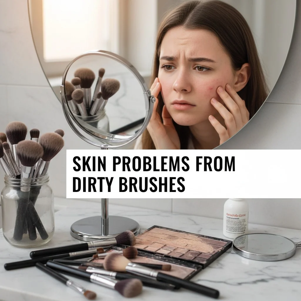 A close-up shot of someone looking concerned at their skin in a mirror, with makeup brushes visible on the counter.