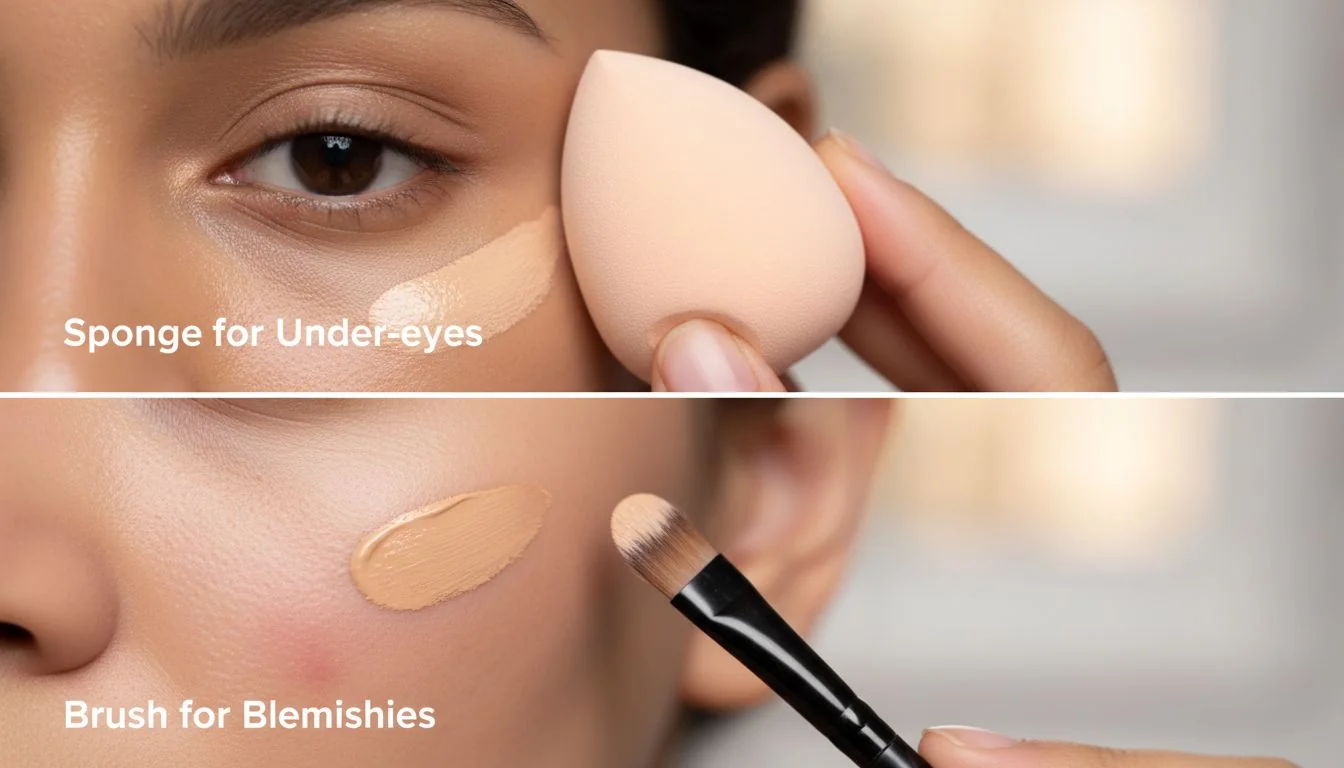Split image showing a sponge blending under-eye concealer and a small brush spot-concealing a blemish