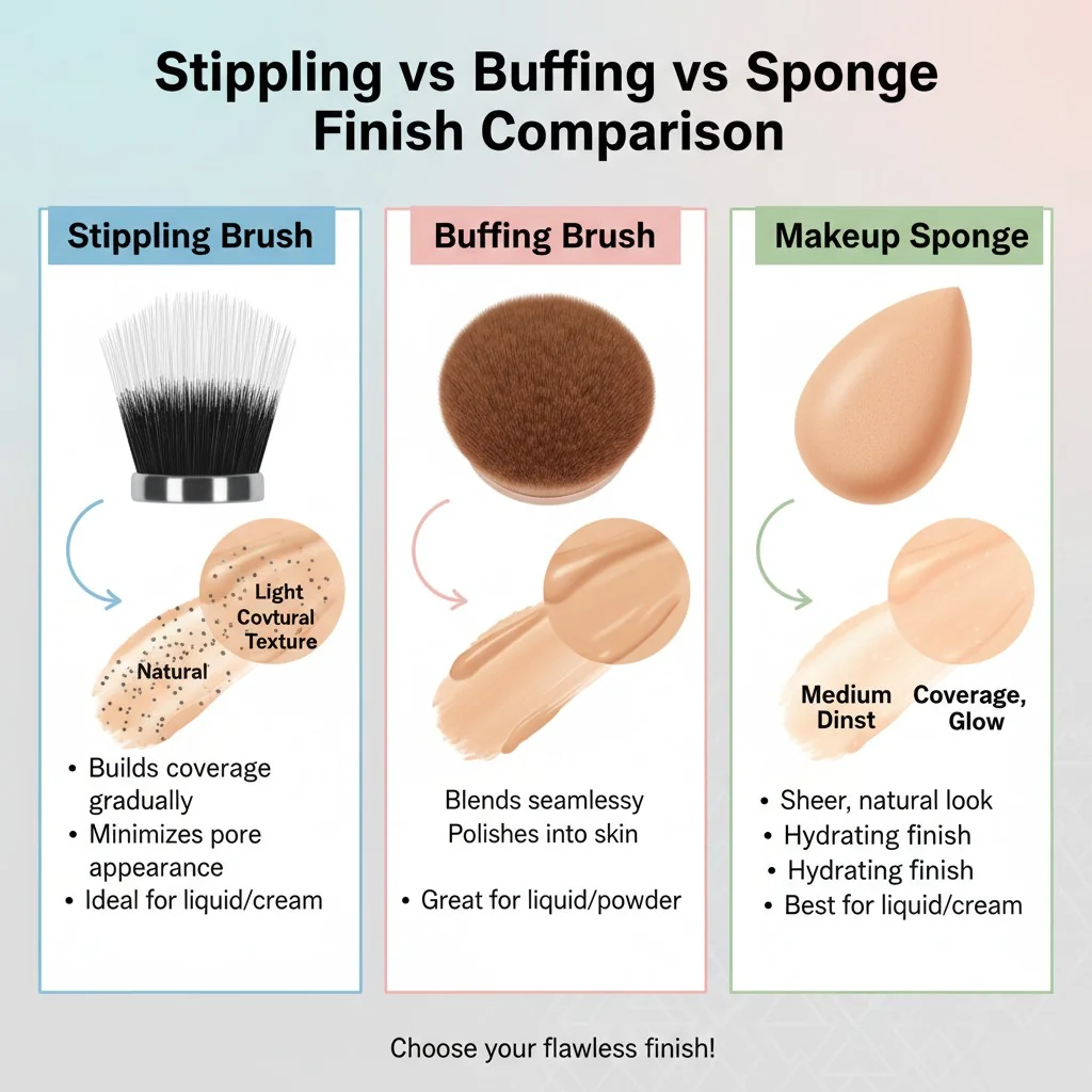 An infographic comparing the finish of a stippling brush, a buffing brush, and a makeup sponge.