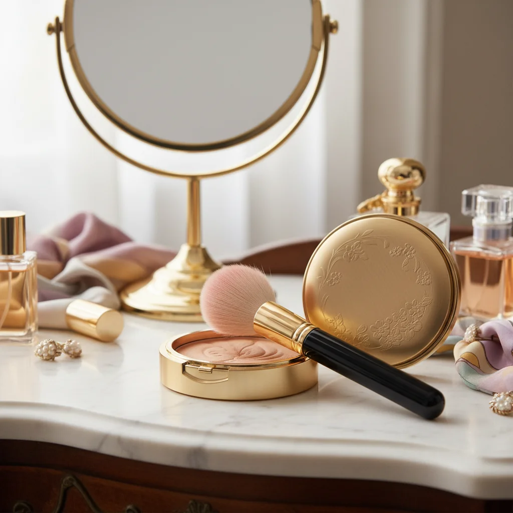 A luxury vanity setup featuring a single Japanese fude blush brush next to a high-end pressed powder compact.