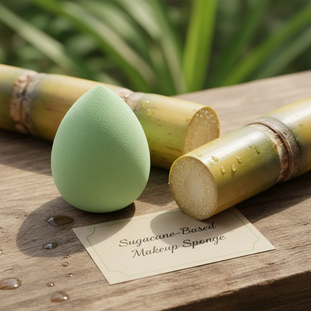 A green-colored makeup sponge next to a piece of sugarcane