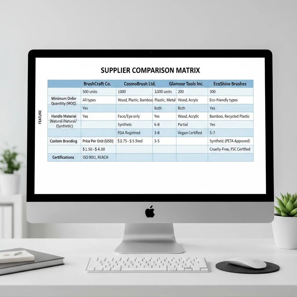 A comparison table of makeup brush supplier specifications on a computer screen.