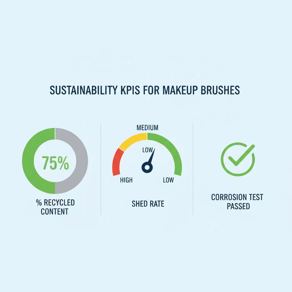 A dashboard-style graphic showing sustainability KPIs: a pie chart for '% Recycled Content,' a gauge for 'Shed Rate,' and a checkmark for 'Corrosion Test Passed.'