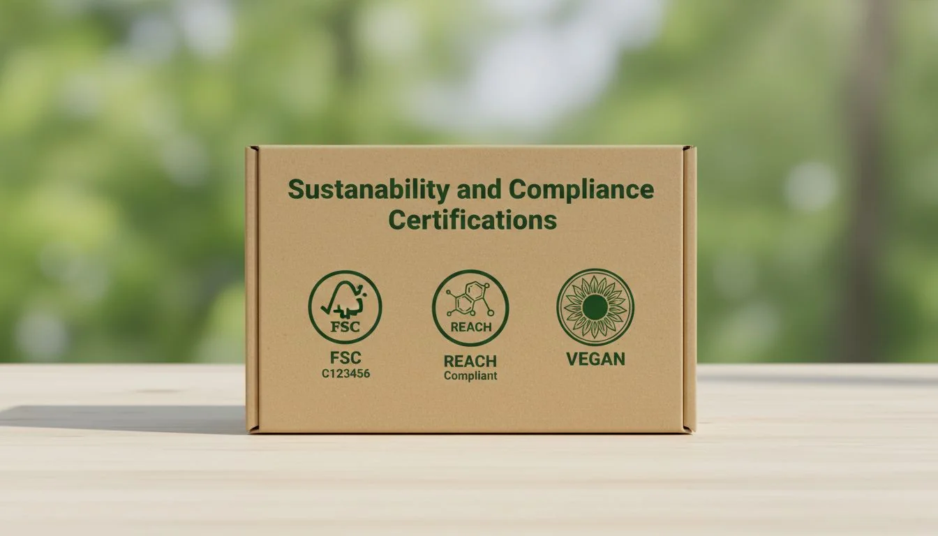 Logos for FSC, REACH, and Vegan certification on a product package