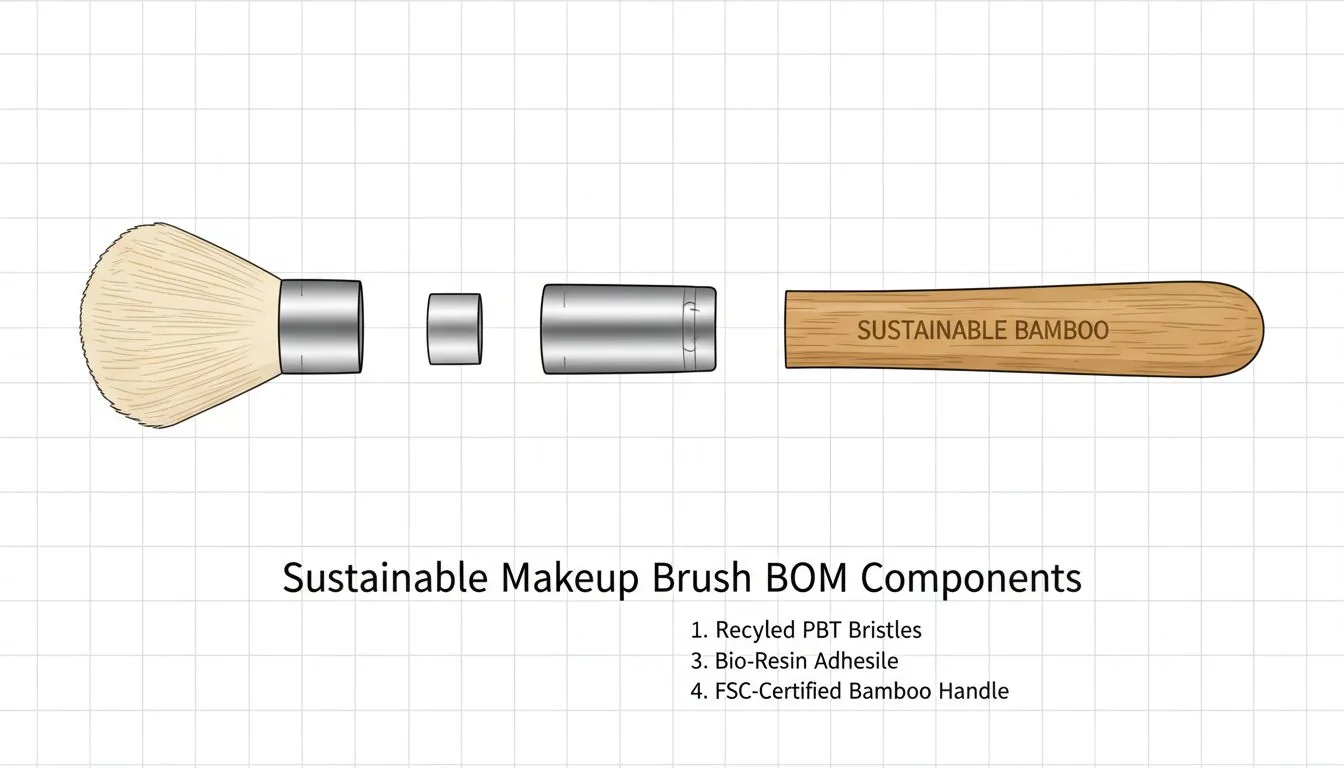 An exploded view diagram of a makeup brush showing the bristles, ferrule, and handle as separate components.