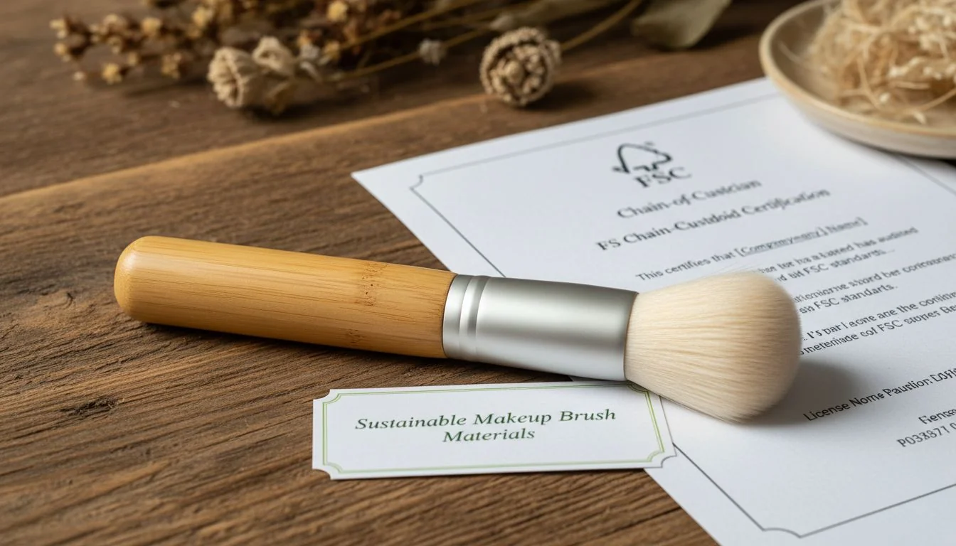 A makeup brush with a bamboo handle and recycled aluminum ferrule, placed next to an FSC certificate.