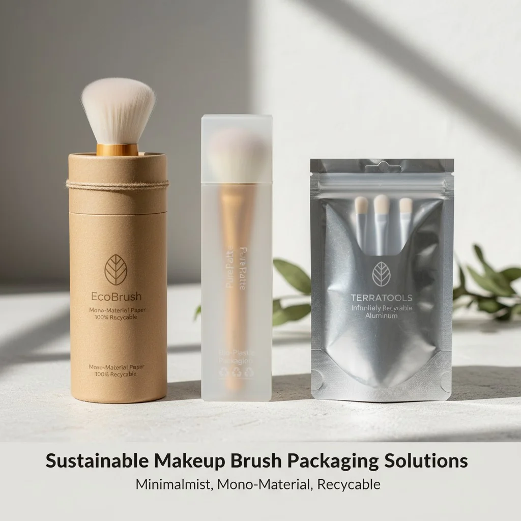 Examples of minimalist, mono-material, and recyclable makeup brush packaging.