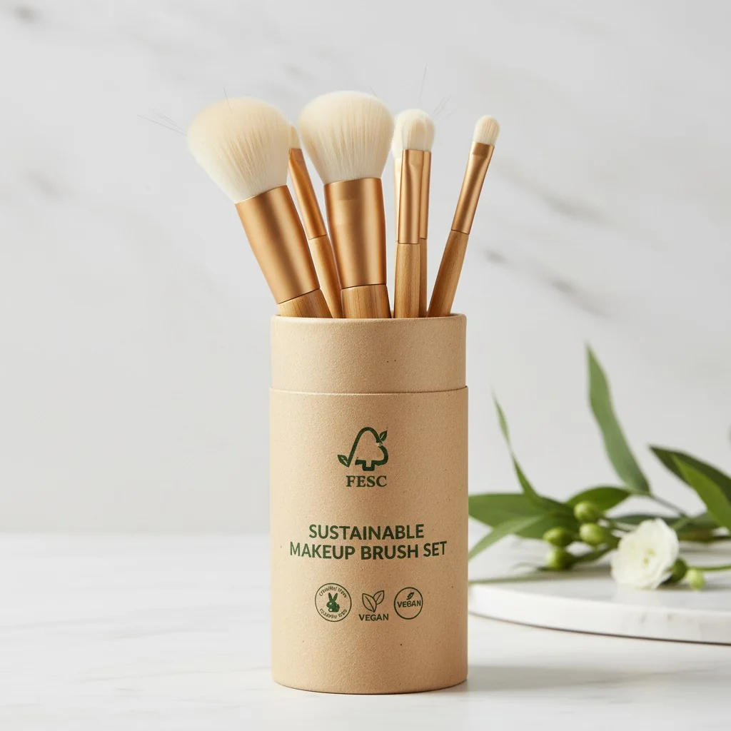 A beautiful makeup brush set displayed in an FSC-certified paper tube with vegan and cruelty-free icons.