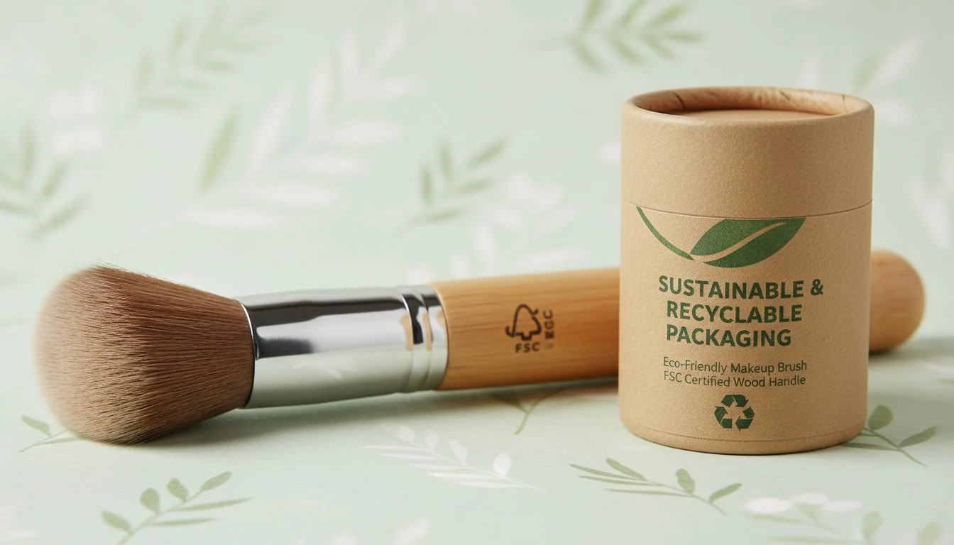 Sustainable and Compliant Makeup Brush Design An eco-friendly makeup brush with a wooden handle (FSC logo visible) next to its protective, recyclable packaging.